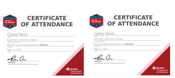 screen shot of RHEL class completion certificates